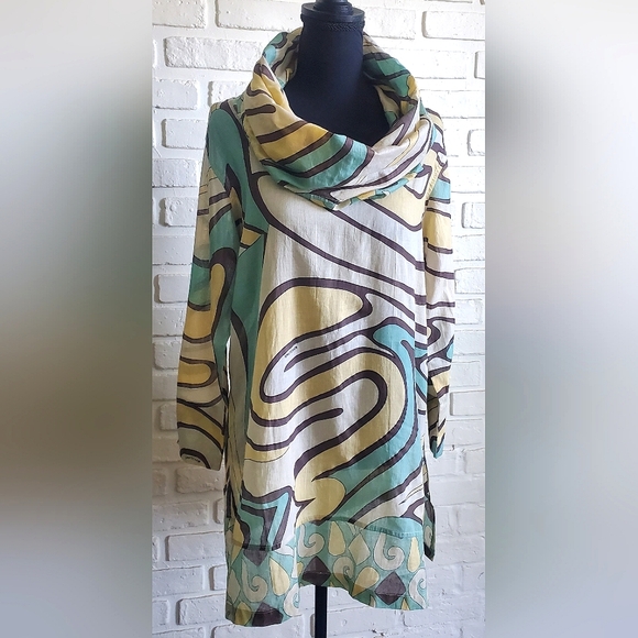 Gretchen Scott Funnel Tunic Top Cowl Neck Blue Bohemian Long Sleeves Size Large - Picture 9 of 12